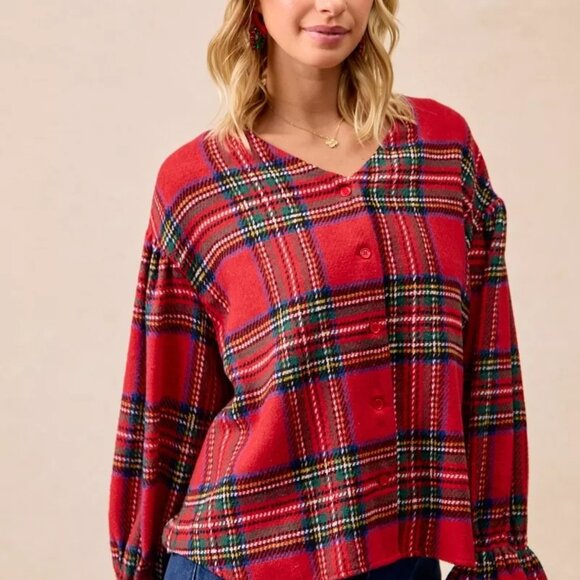 BiBi Christmas Plaid V-Neck Flounce Sleeve Jacket - Picture 13 of 15